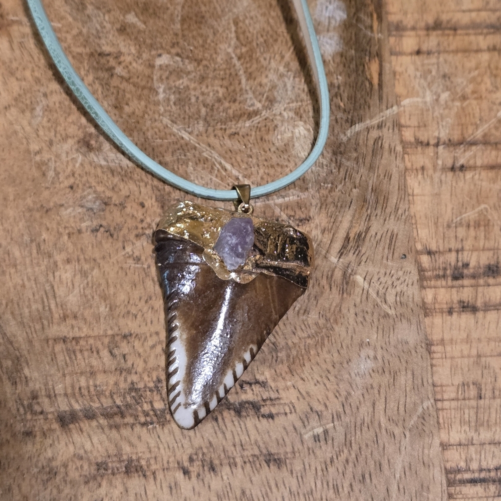 New! Handmade raw Amethyst on shark tooth pendant 24k gold leafing Choker